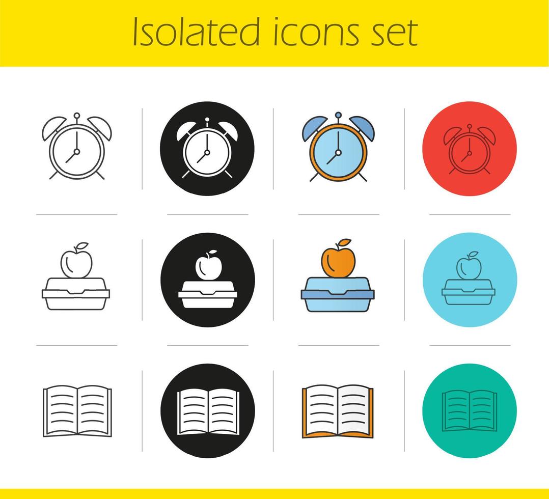 Schule und Bildung Symbole gesetzt. lineare, schwarze und farbige Stile. Wecker, Brotdose, offenes Buch. isolierte vektorillustrationen vektor