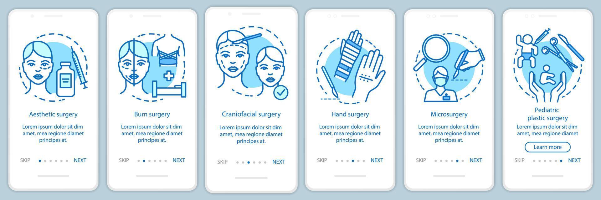 plastische Chirurgie-Typen Onboarding mobiler App-Seitenbildschirm mit linearen Konzepten vektor