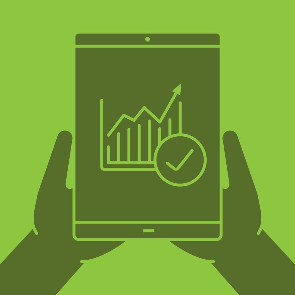 Hände halten Tablet-Computer-Glyphe-Farbsymbol. Silhouette-Symbol. Tablet-Computer mit Diagramm und Häkchen. negativer Raum. isolierte Vektorgrafik vektor