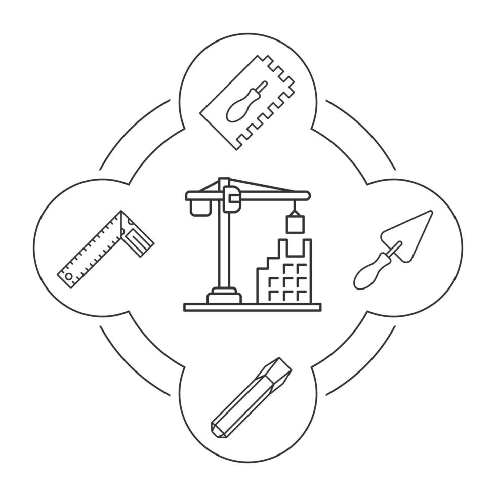 konstruktion verktyg linjära ikoner set. byggnadsutrustning. rektangulär hackad murslev, triangulär spade, järnmejsel, fyrkantig. isolerade vektorillustrationer vektor