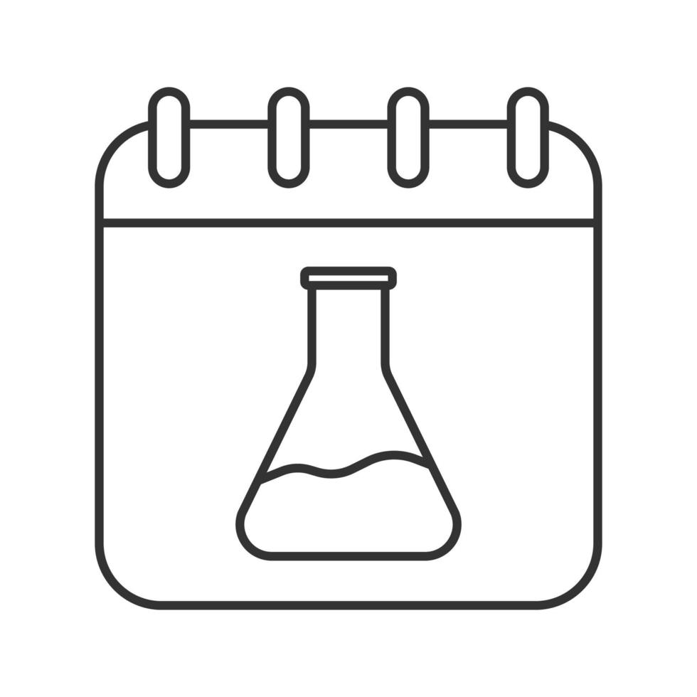 lineares Symbol für den Forschungsplan. dünne Linie Abbildung. Kalenderseite mit chemischer Laborflasche. Kontursymbol. Vektor isolierte Umrisszeichnung