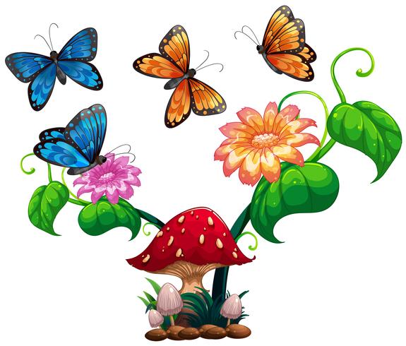 Schmetterlinge, die um Pilz und Blume fliegen vektor