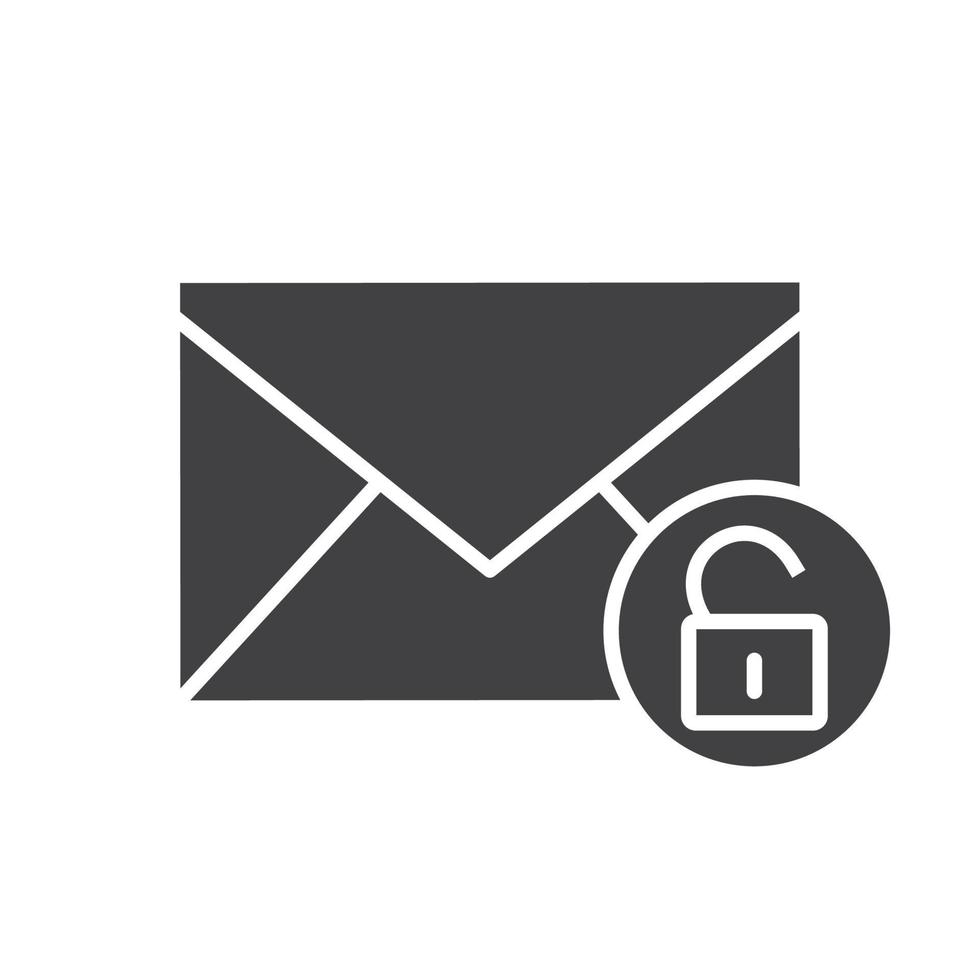E-Mail-Sicherheitssymbol. Brief-Silhouette-Symbol. SMS-Nachricht mit offenem Schlosszeichen. negativer Raum. isolierte Vektorgrafik vektor