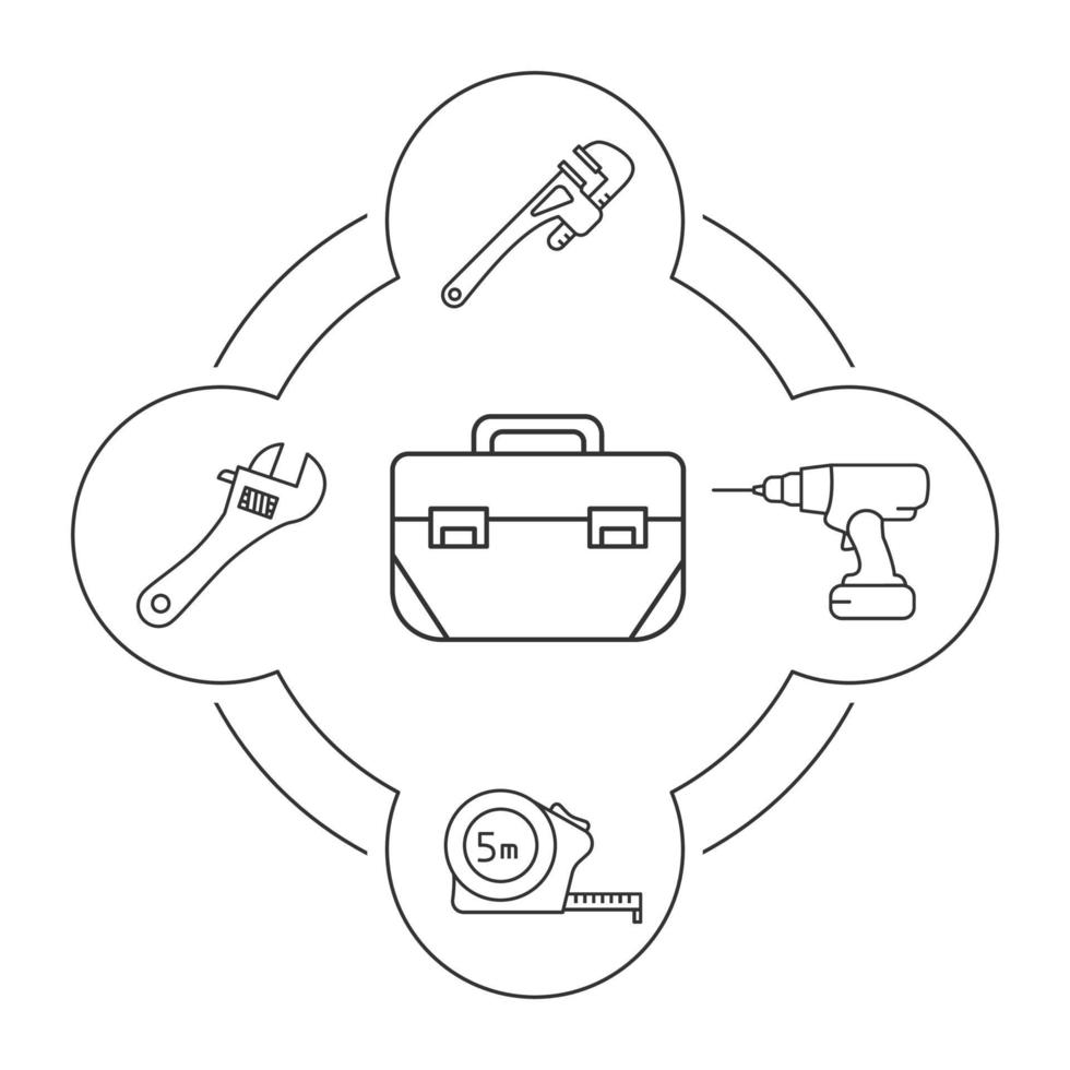 Werkzeugkasteninhalt lineare Symbole gesetzt. Halbmond- und Schraubenschlüssel, Maßband, Akku-Bohrschrauber. Bauwerkzeuge. isolierte vektorillustrationen vektor