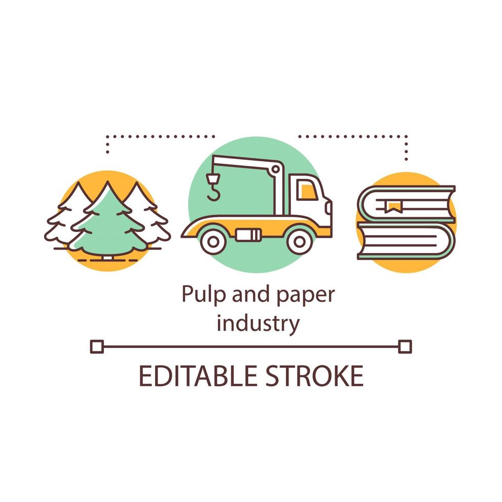 massa och pappersindustrin konceptikon. träbearbetning. cellulosabaserade produkter producerar. skog, timmer, böcker idé tunn linje illustration. vektor isolerade konturritning. redigerbar stroke