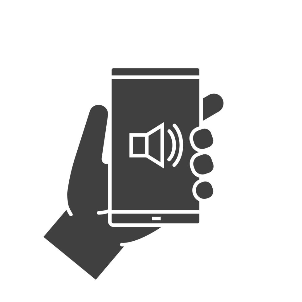 hand som håller smartphone glyph -ikonen. silhuett symbol. smart telefonljud på. negativt utrymme. vektor isolerade illustration