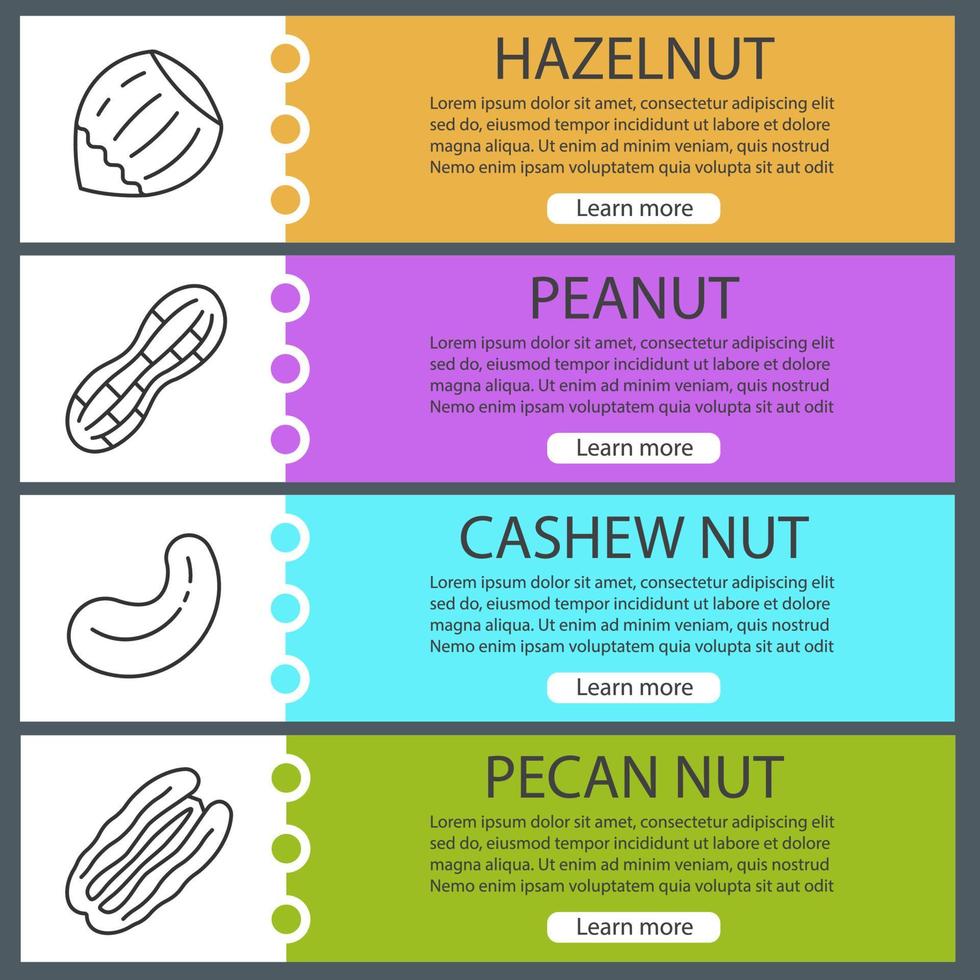 Nüsse Typen Web-Banner-Vorlagen eingestellt. Haselnuss-, Erdnuss-, Cashew- und Pekannüsse. Website-Farbmenüelemente mit linearen Symbolen. Designkonzepte für Vektorheader vektor