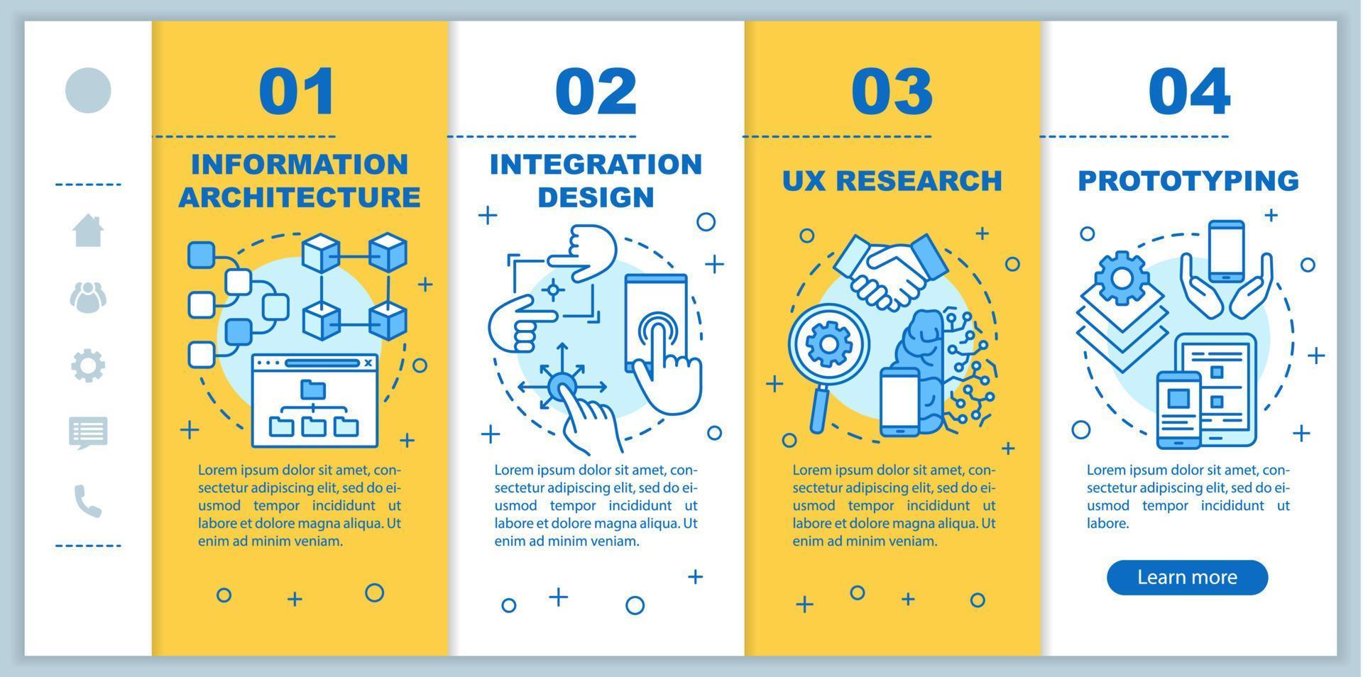 Informationsarchitektur Onboarding mobiler Webseiten Vektorvorlage. reaktionsschnelle Smartphone-Website-Schnittstellenidee mit linearen Illustrationen. Schrittbildschirme für die Website-Walkthrough-Schritte. Farbkonzept vektor