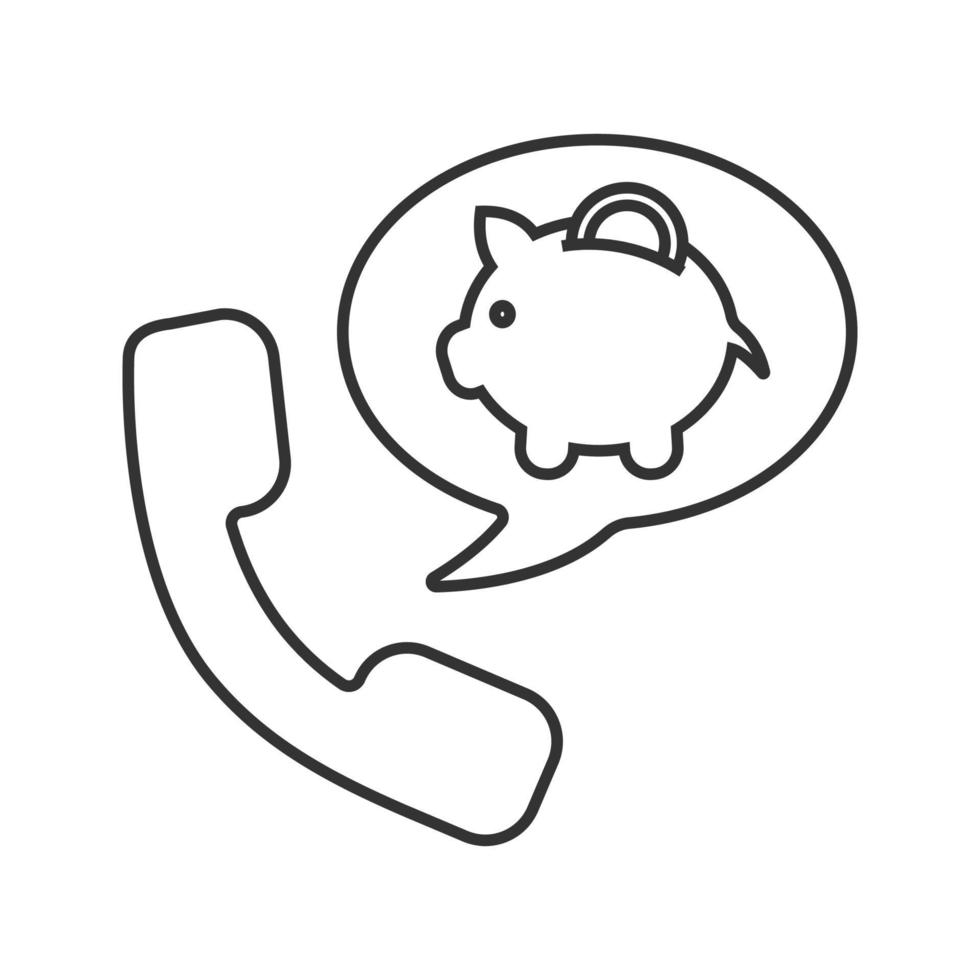 telefonsamtal till bankens linjära ikon. tunn linje illustration. handenhet med spargris inuti pratbubblan. kontursymbol. vektor isolerade konturritning