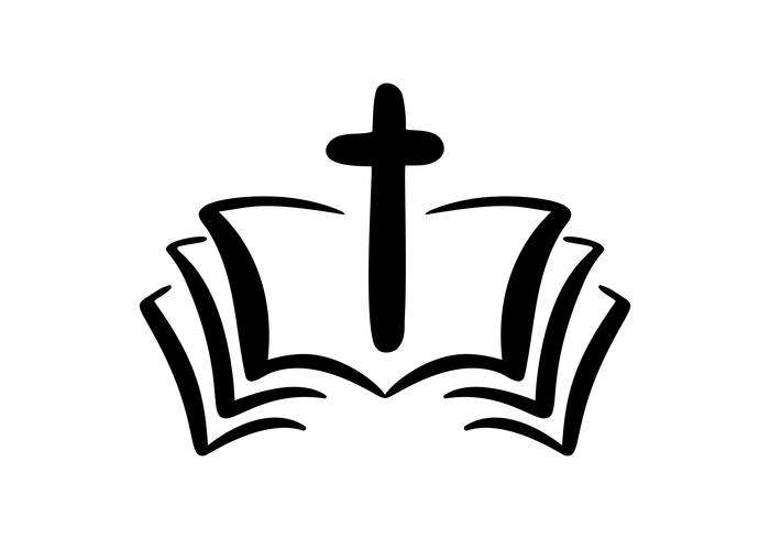 Vektorabbildung des christlichen Zeichens. Emblem mit Kreuz und Heiliger Bibel. Religionsgemeinschaft. Gestaltungselement für Poster, Logo, Abzeichen, Zeichen vektor