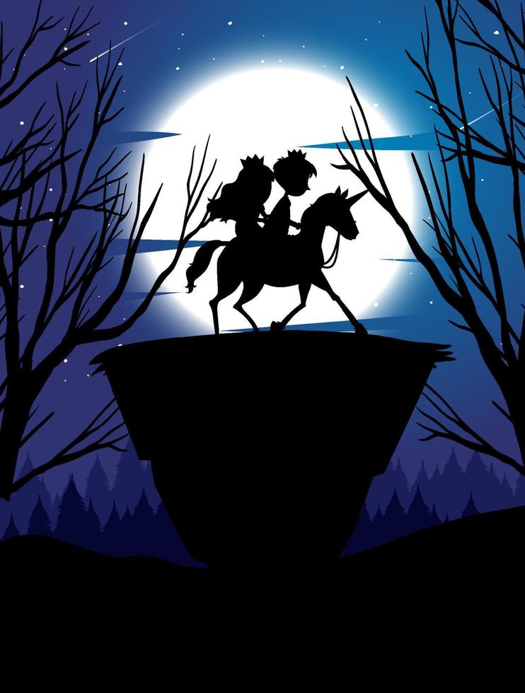 Silhouette Prinz und Prinzessin mit Vollmond-Hintergrund vektor