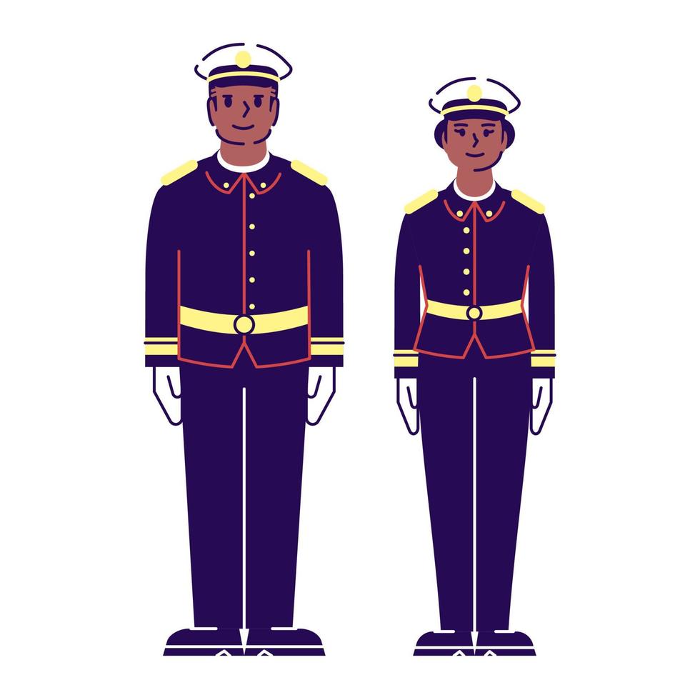 armé service arbetare platt vektor tecken. oss soldater som står uppmärksamma i festlig enhetlig tecknad illustration med kontur. afroamerikanska officerare, militär kvinna och man isolerad på vitt