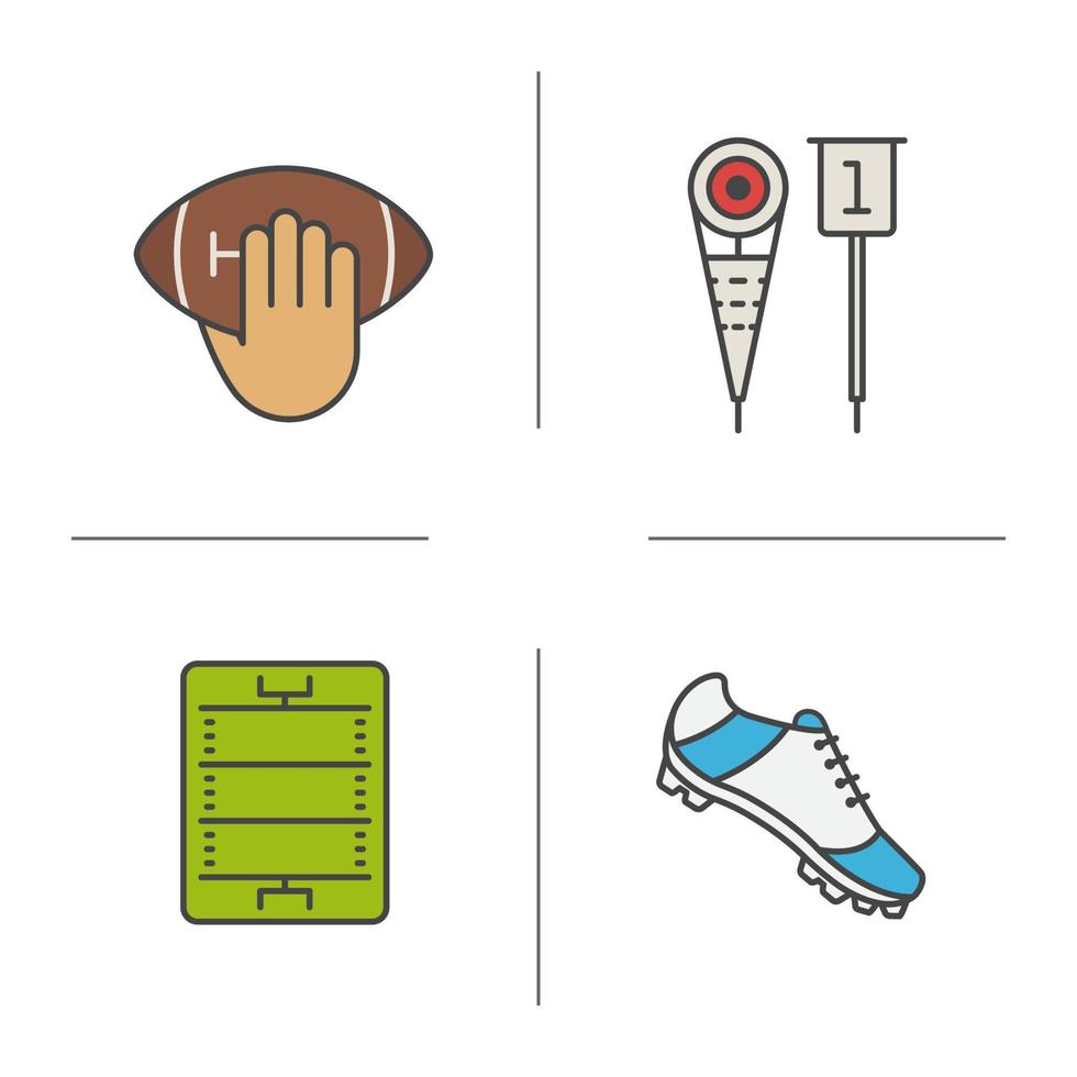 American Football Farbsymbole gesetzt. Hand mit Ball, Spielerschuh, Seitenlinienmarkierungen, Feld. isolierte vektorillustrationen vektor