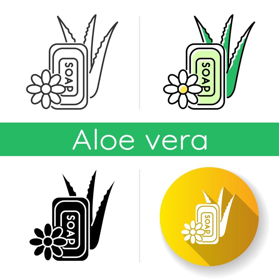 Symbol für vegane Seife. Badeprodukt mit Aloe Vera. Naturkosmetik für die persönliche Hygiene. Reinigungsbehandlung und Dermatologie. lineare Schwarz- und RGB-Farbstile. isolierte vektorillustrationen vektor