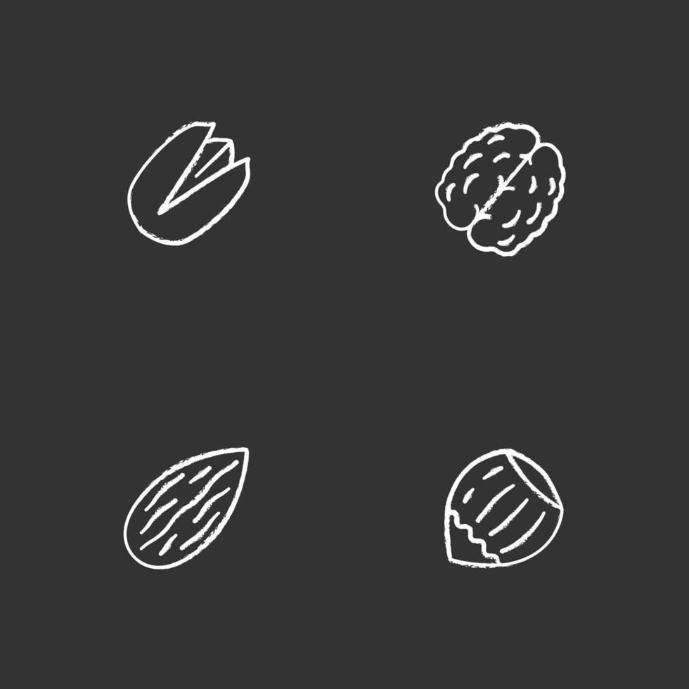 Nüsse Typen Kreide Icons Set. Pistazie, Walnuss, Mandel, Haselnuss. isolierte tafel Vektorgrafiken vektor
