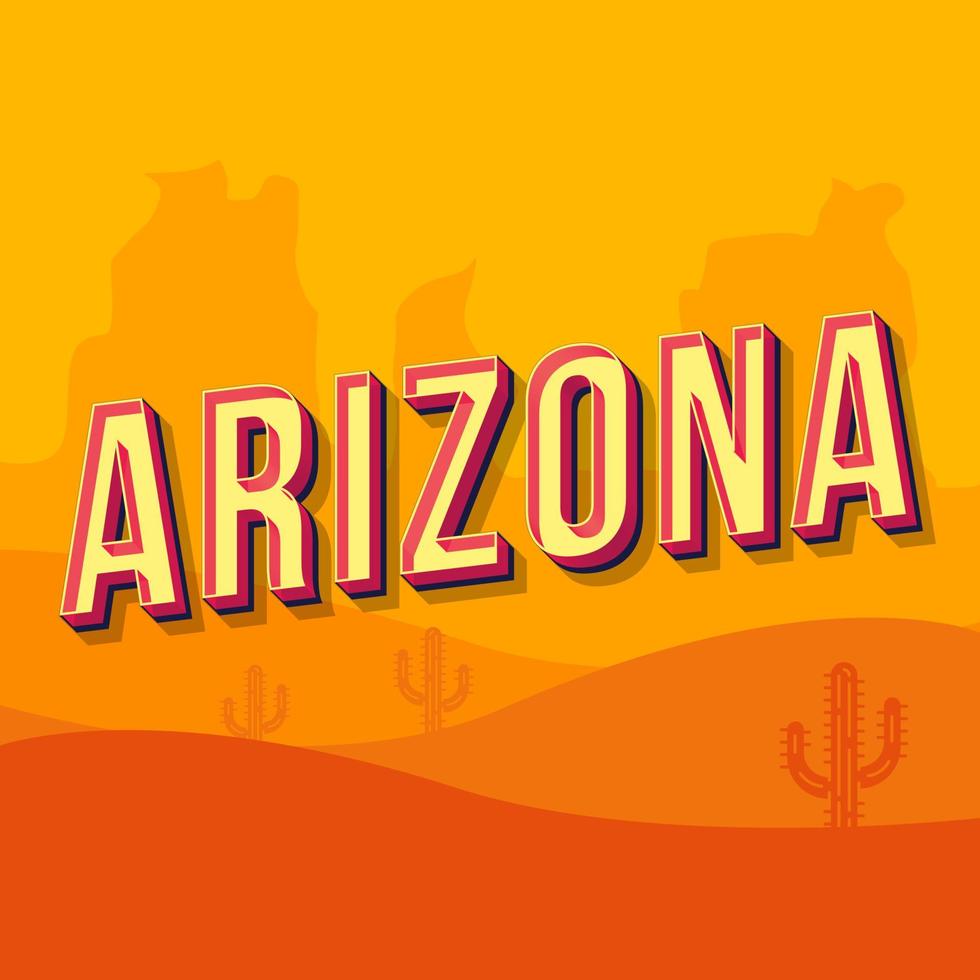 Arizona Vintage 3D-Vektor-Schriftzug. Retro-fette Schriftart, Schriftart. Stilisierter Text der Pop-Art. Briefe im alten Schulstil. 90er, 80er Jahre Poster, Banner, T-Shirt-Typografie-Design. orangefarbener wüstenfarbhintergrund vektor