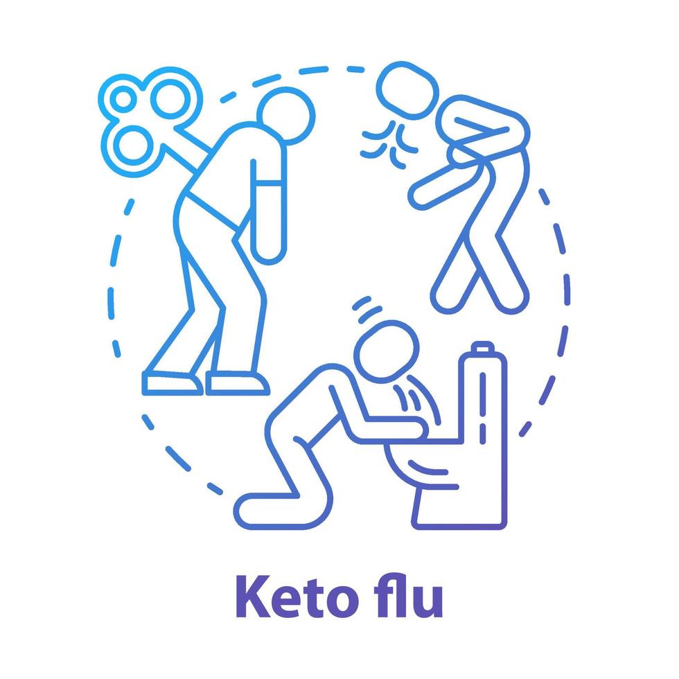 Keto -influensa blå tonad konceptikon. ketogen diet biverkningar idé tunn linje illustration. uttag av kolhydrater. illamående, trötthet, smärta. sjukdomssymtom. vektor isolerade konturritning