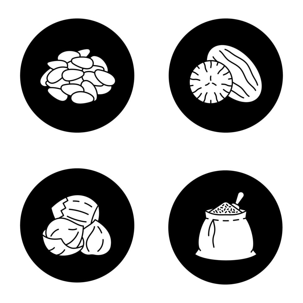 kryddor glyph ikoner set. pinjenöt, muskotnöt, hasselnöt, kryddpåse. vektor vita silhuetter illustrationer i svarta cirklar