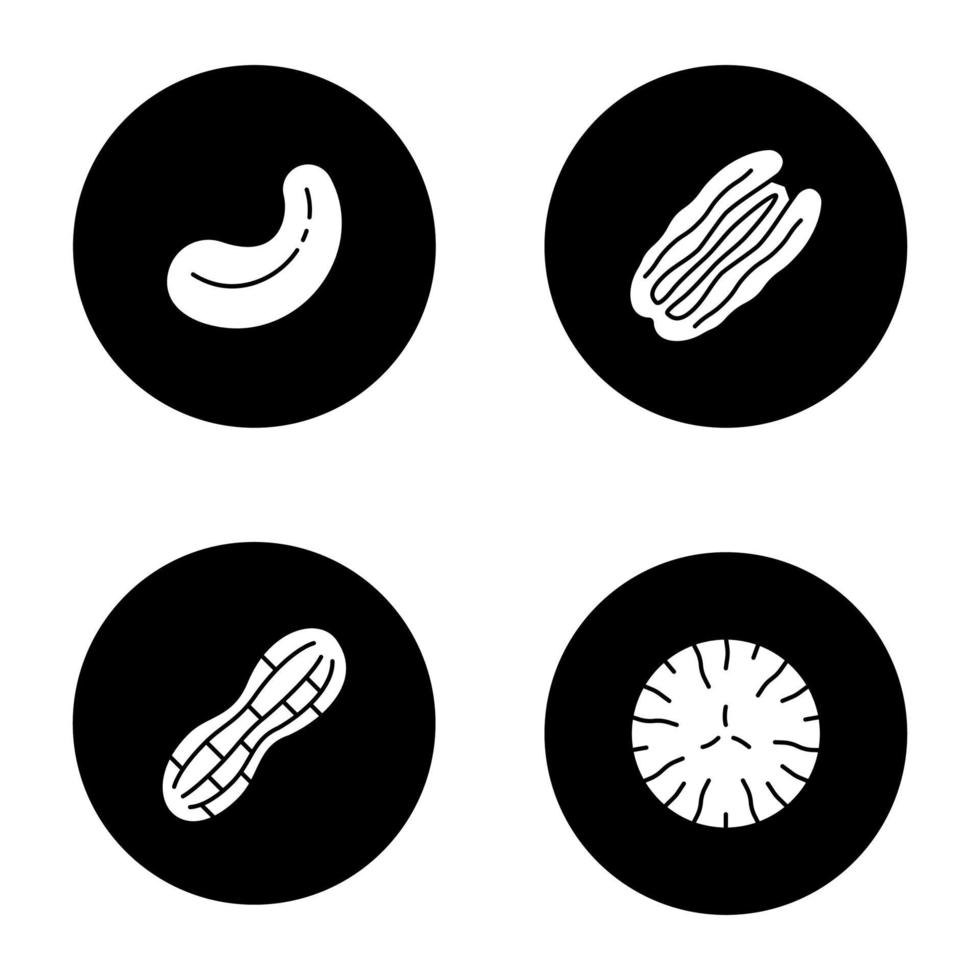 Nüsse Typen Glyphe Icons Set. Cashew- und Pekannüsse, Erdnuss, Muskatnuss. Vektorgrafiken von weißen Silhouetten in schwarzen Kreisen vektor