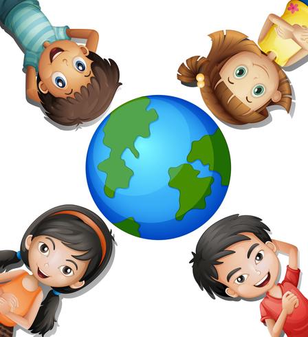 Fyra lyckliga barn och runda jorden vektor