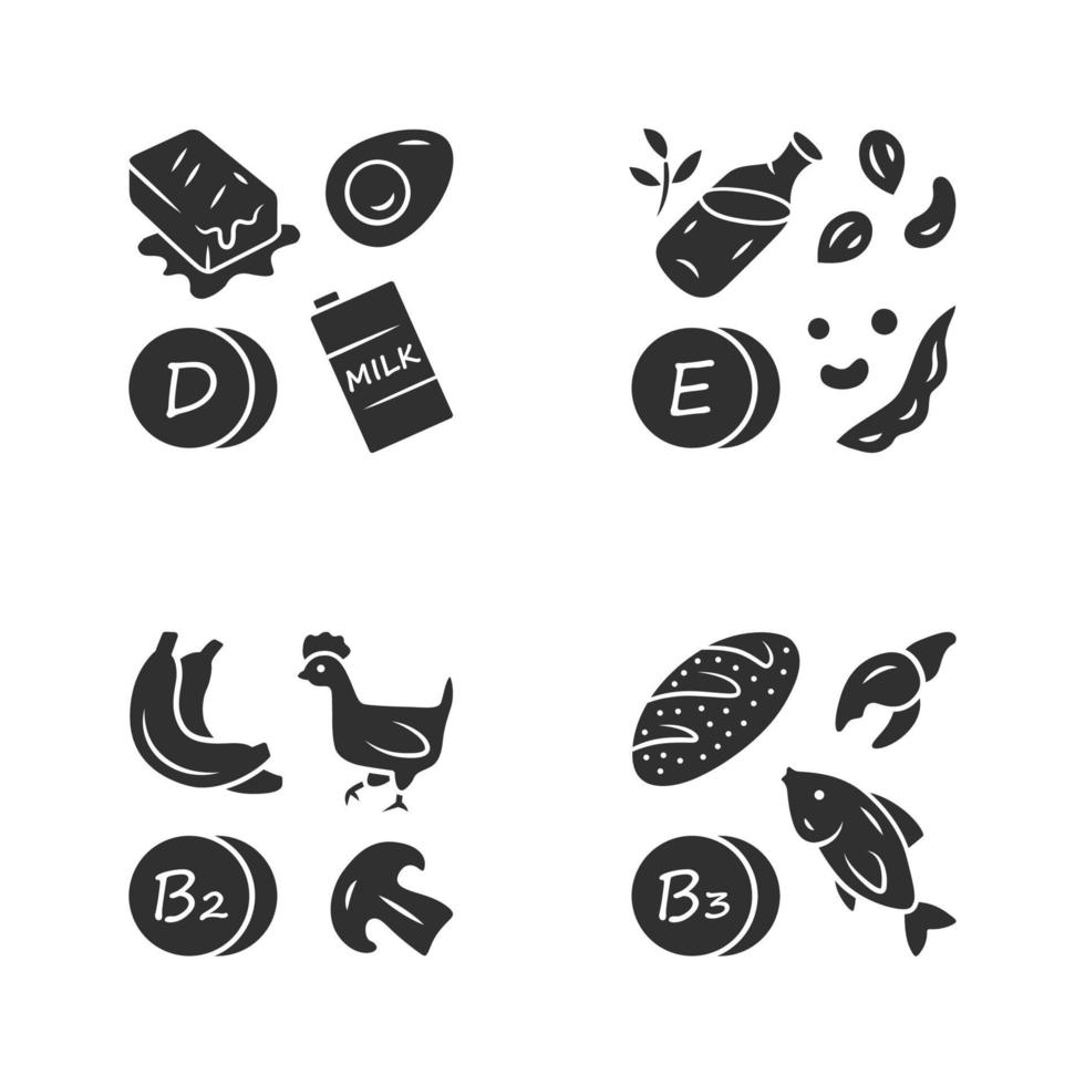 vitaminer glyph ikoner set. d, e, b2, b3 vitaminer naturlig matkälla. mejeriprodukter, nötter. rätt kost. hälsosam mat. mineraler, antioxidanter. vektor isolerade illustration