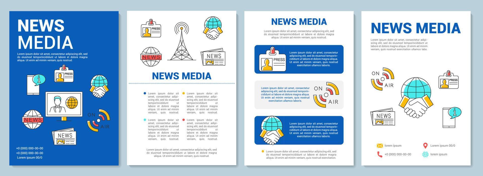 Layout der Nachrichtensendungsvorlage. Flyer, Broschüre, Broschürendruckdesign mit linearen Illustrationen. Medienbranche im Fernsehen. Vektorseitenlayouts für Zeitschriften, Geschäftsberichte, Werbeplakate vektor