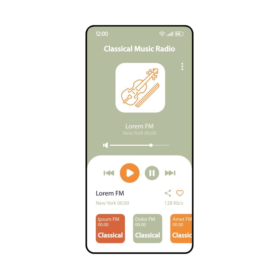 klassisk fm musikradio smartphone smartphone gränssnitt vektor mall. mobil online musikappdesignlayout. akustiska spår album lyssnar skärm. platt ui för applikation. mp3-spelare. telefonskärm