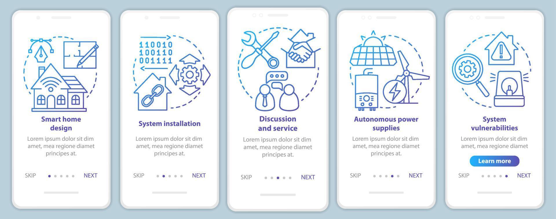 smart hem onboarding mobil app sida skärm vektor mall. design och service av hemautomatiseringssystem. genomgång av webbplatssteg med linjära illustrationer. ux, ui, gui smartphone gränssnitt koncept