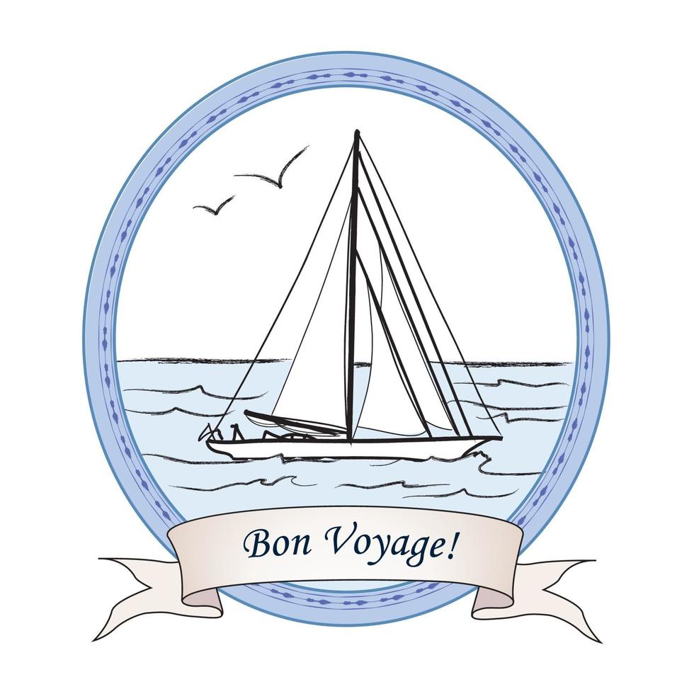 Yacht im Ozeanbanner. gute Reise Vintage Reisekarte. nautisches Meer-Symbol. Vektor-Illustration Skizze des Bootes im Meer. vektor