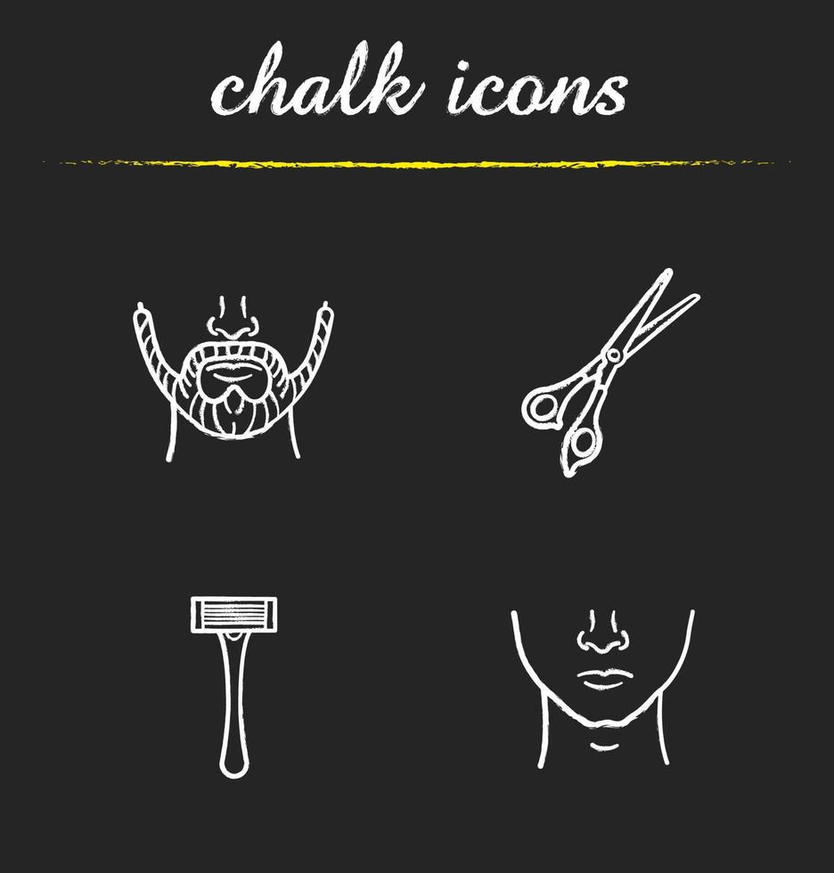 Friseursalon Kreide Icons Set. Männerbart und sauberes Gesicht, Schere, Rasierer. isolierte tafel Vektorgrafiken vektor