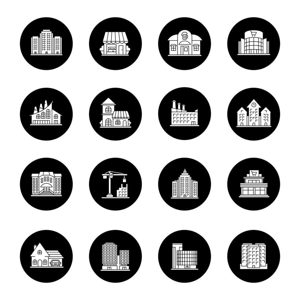 stadsbyggnader glyph ikoner set. stadsarkitektur. vektor vita silhuetter illustrationer i svarta cirklar