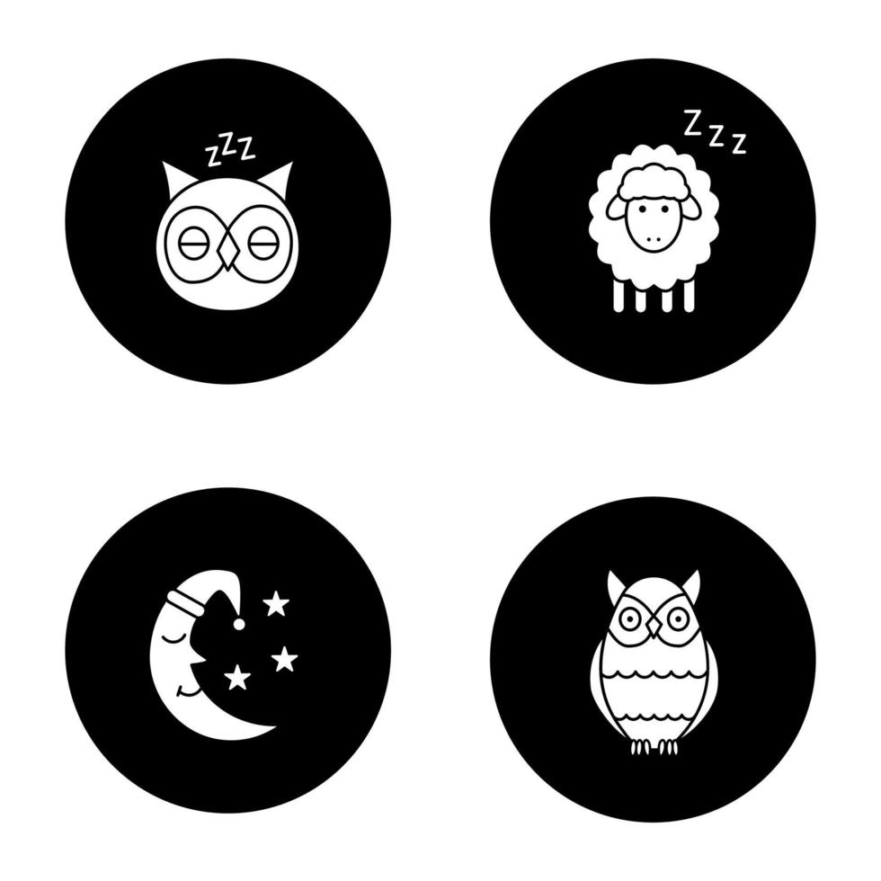 nattliga glyph ikoner set. sovande ugglor och får, måne med stjärnor. vektor vita silhuetter illustrationer i svarta cirklar