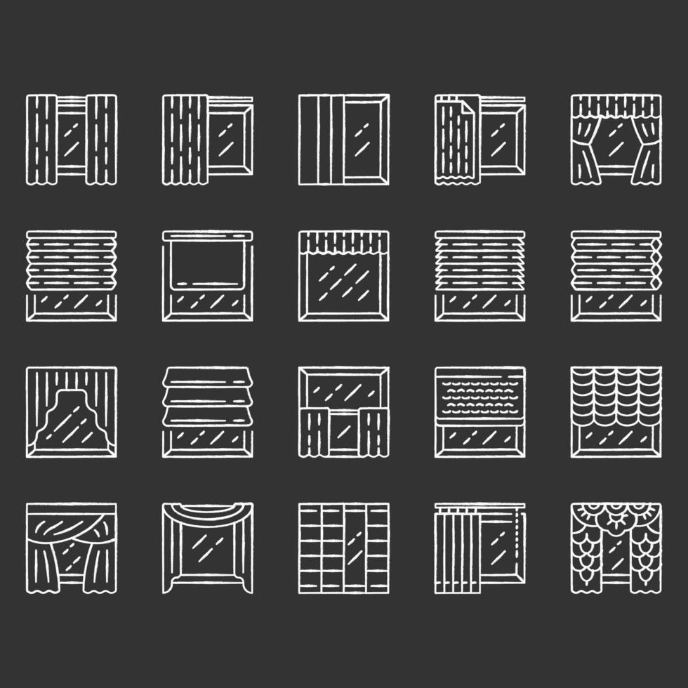 Fensterbehandlungen und Vorhänge Kreide Icons Set. Raffrollos, Jalousien, Volant, Paneel, Fensterläden. Raumverdunkelung. Innenarchitektur, Einrichtungsgeschäft. isolierte tafel Vektorgrafiken vektor