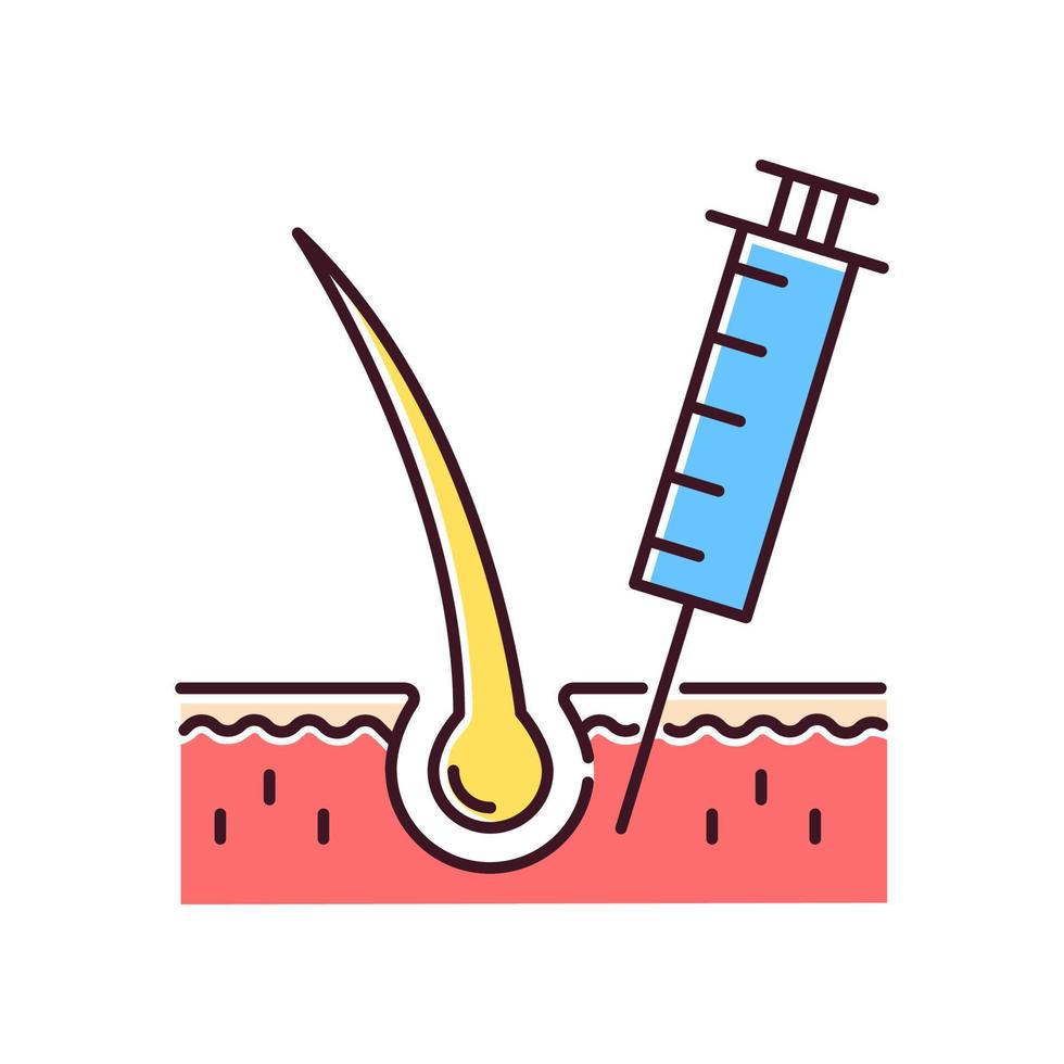 hårförlust injektion rgb färgikon. professionell alopeci behandling. medicinsk behandling för skallighet problem. hårvård och dermatologi. vaccin i spruta. hårrot. isolerad vektor illustration