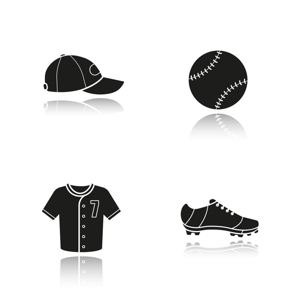 Baseball Schlagschatten schwarze Symbole gesetzt. Softball-Ausrüstung. Ball, Mütze, Schuh und T-Shirt. isolierte vektorillustrationen vektor