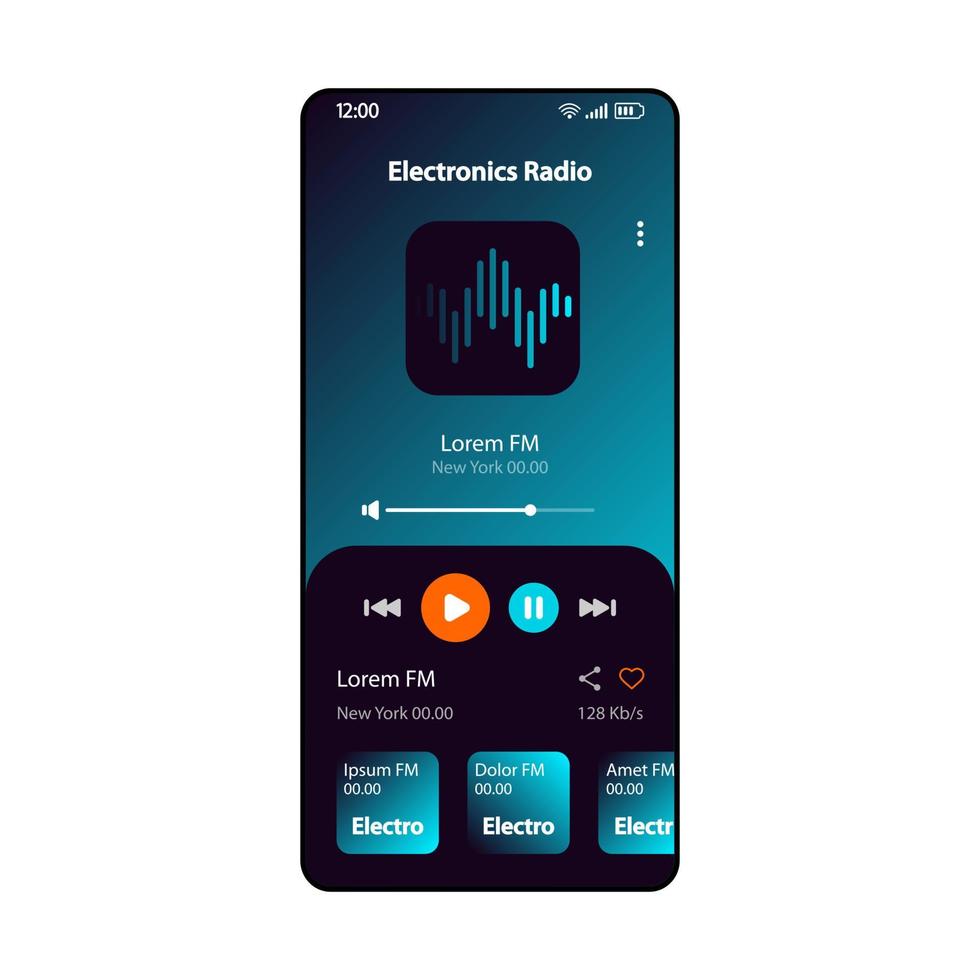 elektronische Musikradio-Smartphone-Schnittstellenvektorvorlage. Mobile Online-Musikplayer-App-Seitenverlaufs-Design-Layout. Alben, Live-Übertragungsbildschirm. flache ui für die anwendung. Telefondisplay vektor