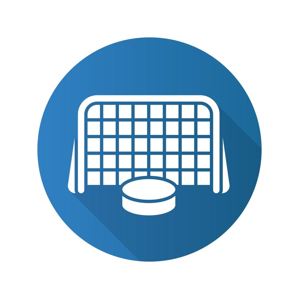 hockey mål platt design lång skugga ikon. hockeypuck i grindar. vektor silhuett symbol