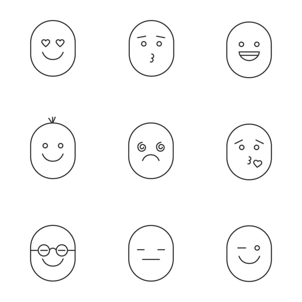 lächelt lineare Symbole gesetzt. Emoticons. gute und schlechte Laune. verliebt, küssend, lachend, schwindlig, klug, ernst, zwinkernde Gesichter. dünne Linienkontursymbole. isolierte vektorumrissillustrationen vektor