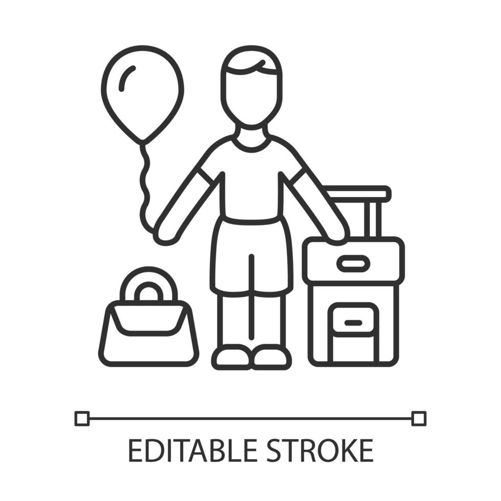 lineares Symbol für Einwandererkinder. Kinderreisen ins Ausland. Reisender mit Luftballon, Handtasche und Koffer mitnehmen. dünne Linie Abbildung. Kontursymbol. Vektor isolierte Umrisszeichnung. bearbeitbarer Strich