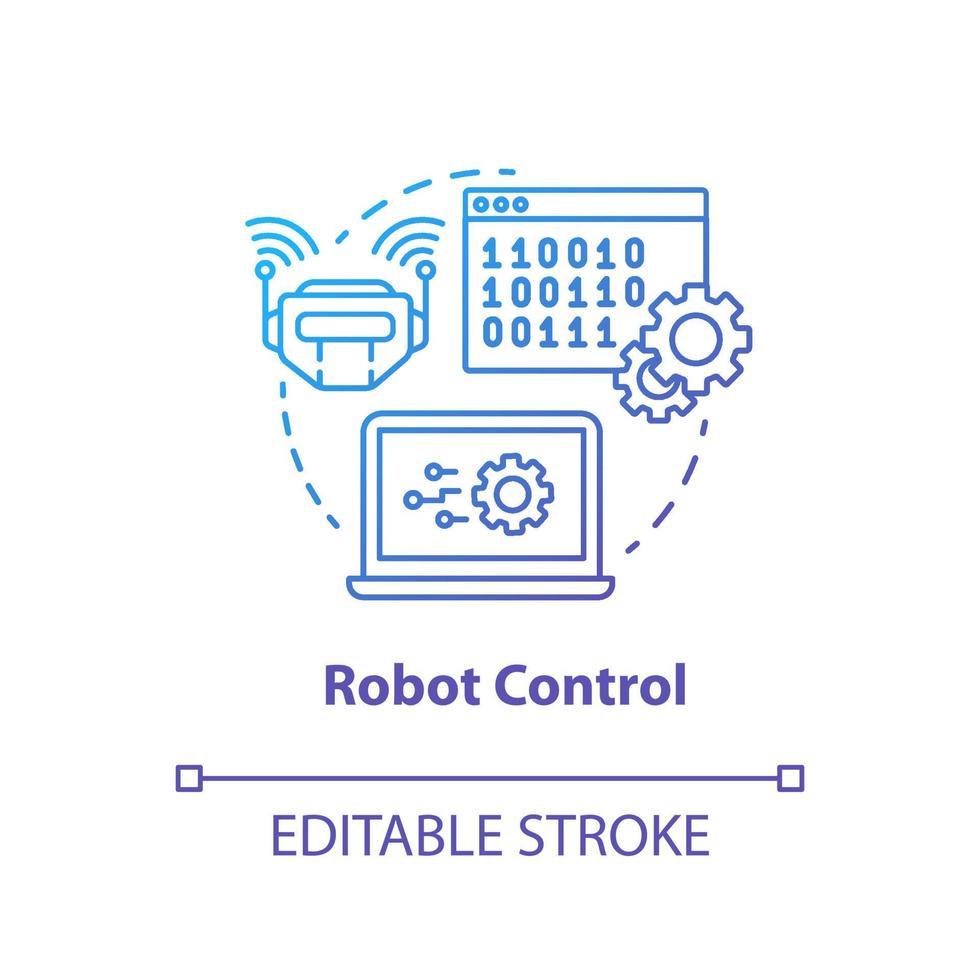 Robotersteuerung blaues Farbverlauf-Konzept-Symbol. Robotik-Systemidee dünne Linie Illustration. Software und Binärcode. Informatik, Programmierung. Vektor isolierte Umrisszeichnung. bearbeitbarer Strich