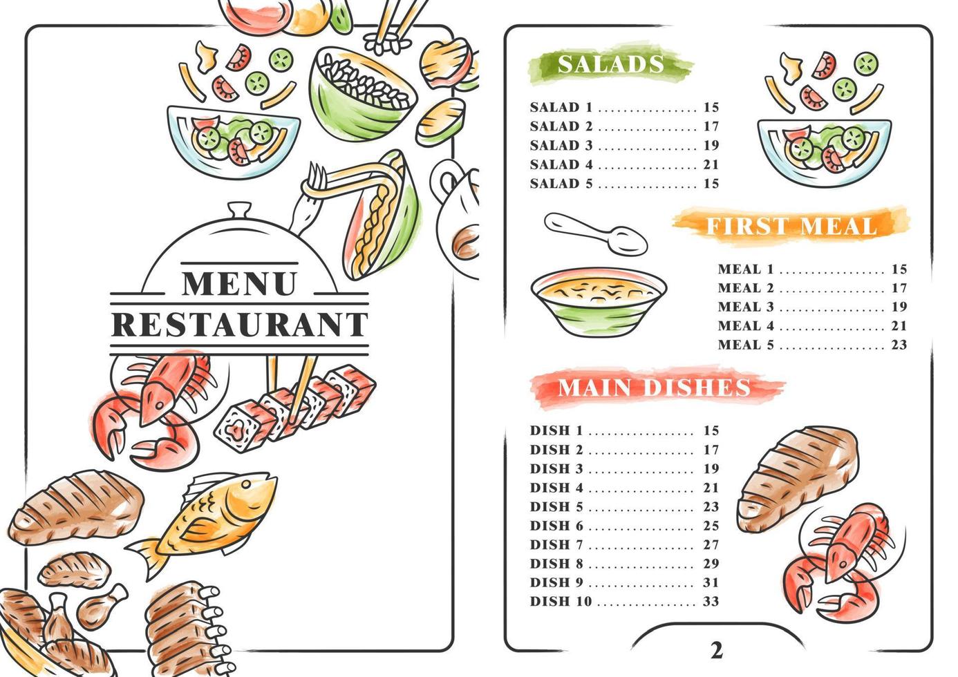 restaurang meny färg mall. sallader, första måltid, huvudrätter. tryckdesign med linjära ikoner. koncept vektor illustrationer. kafébanner, broschyrsida med flygblad med layout för matpriser