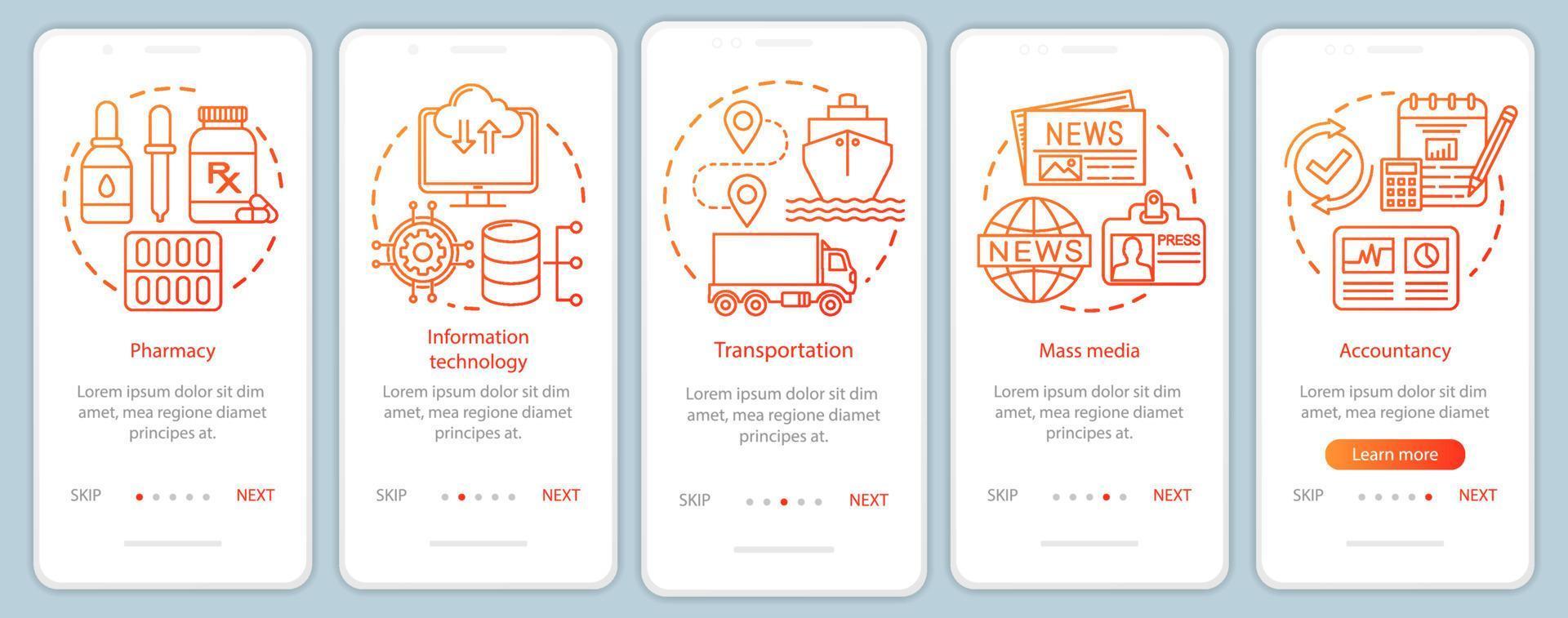 Komfort, Dienstleistungsbranchen beim Onboarding der mobilen App-Seitenbildschirmvektorvorlage. Informationsdienste. Walkthrough-Website-Schritte mit linearen Illustrationen. ux, ui, gui Smartphone-Schnittstellenkonzept vektor