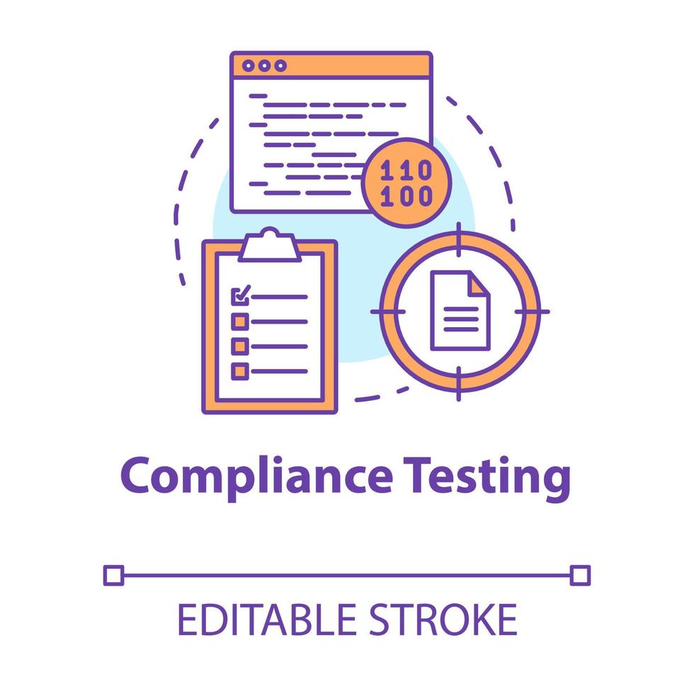 efterlevnadstest konceptikon. programvara utvecklingsstadiet idé tunn linje illustration. överensstämmelsestestning. applikationsprogrammering. systemkontroll. vektor isolerade konturritning. redigerbar stroke