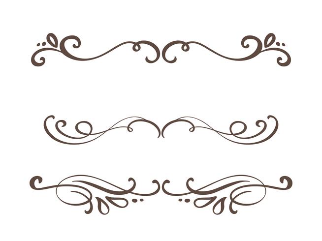 Vektor vintage linje eleganta dividers och separatorer, virvlar och hörn dekorativa ornament. Blomstrålar filigree designelement. Blomstra krulelement för inbjudan eller menysida illustration
