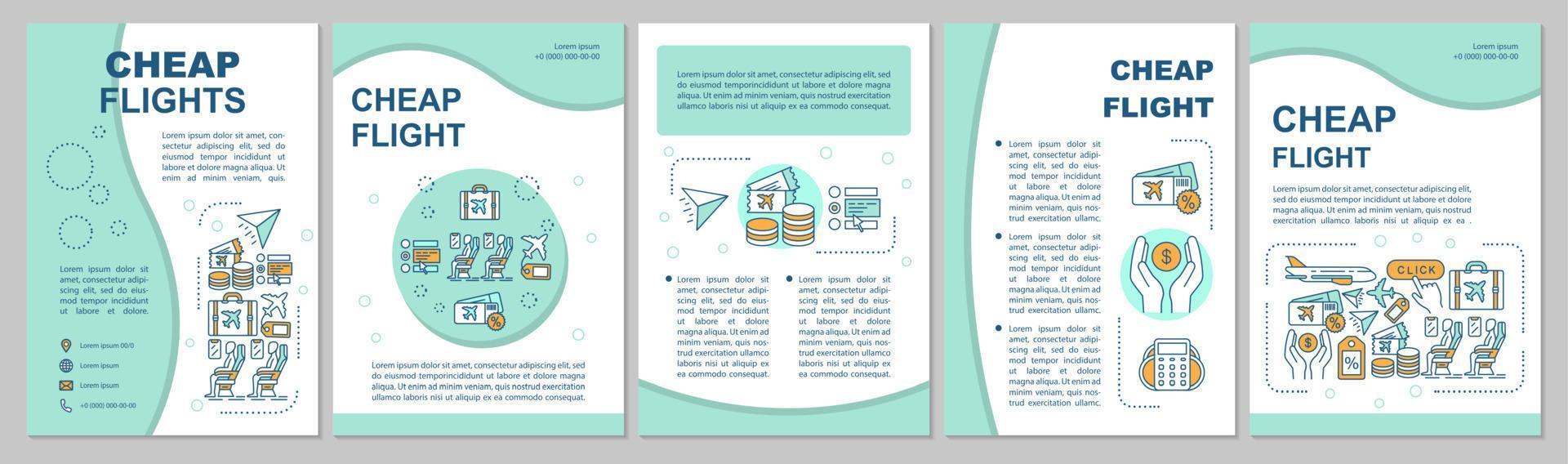 Broschürenvorlage für günstige Flüge. Last-Minute-Reisen, Low-Cost-Tickets. Flyer, Broschüre, Broschürendruckdesign mit linearen Illustrationen. Vektorseitenlayouts für Zeitschriften, Berichte, Poster vektor