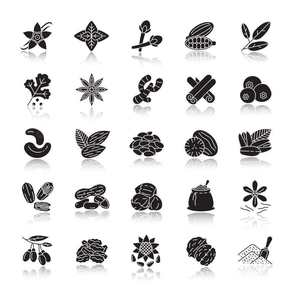 Gewürze Schlagschatten schwarze Glyphe Icons Set. Aromen, Gewürze. Erdnuss, Vanille, Kardamom, Anis, Piment. isolierte vektorillustrationen vektor