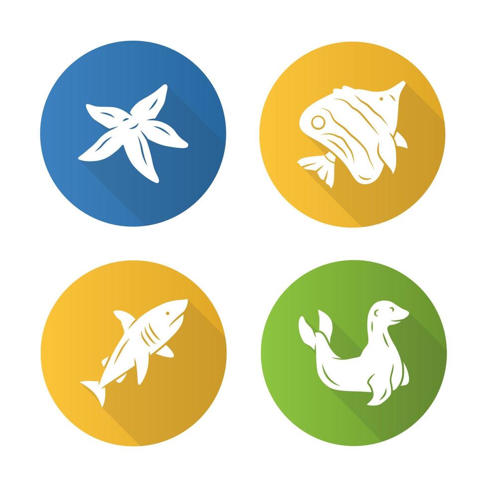 Meerestiere flaches Design lange Schatten Glyphe Icons Set. Tarfish, Butterflyfish, Hai, Robbe. Ozean Unterwasserwelt. Wasserfischarten. Unterwasserwelt. Ozeanographie. Vektor-Silhouette-Abbildung vektor