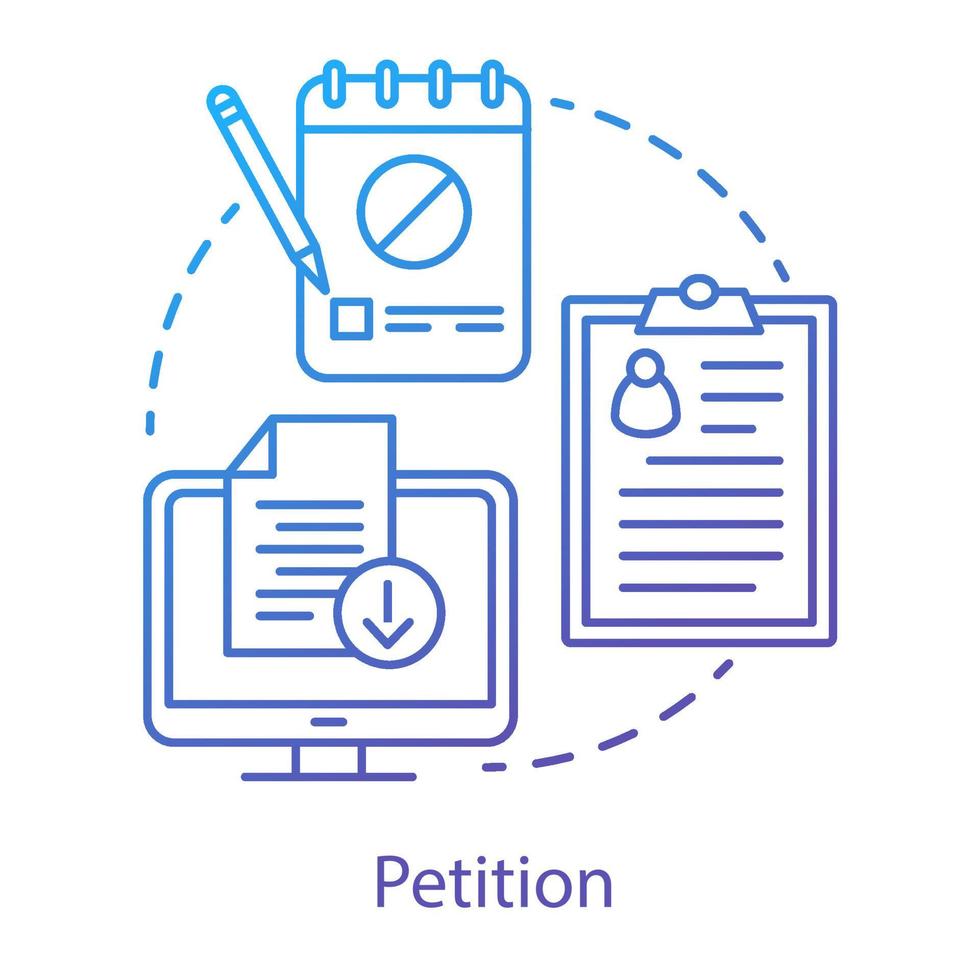 framställning konceptikon. internet signatur samling idé tunn linje illustration. dator, Urklipp och anteckningsblock vektor isolerade konturritning. social protest, opinionsbildning