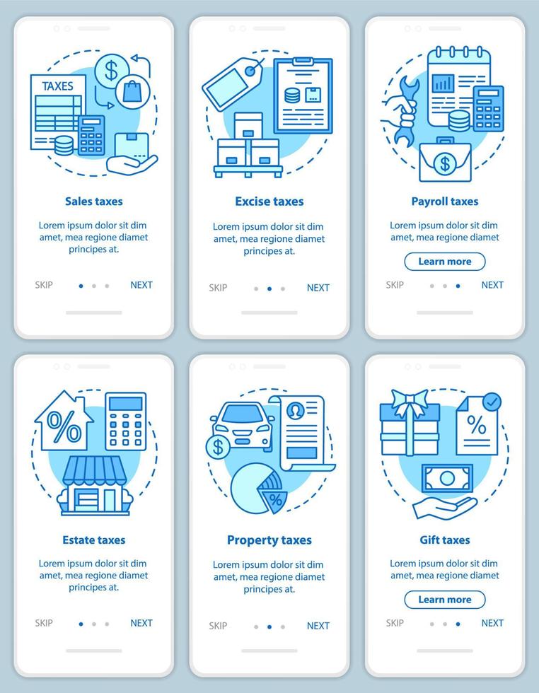 US-Steuertypen blauer Onboarding-Seitenbildschirm für mobile Apps mit linearen Konzepten. Verkaufs-, Verbrauchsteuer-, Schenkungssteuer Walkthrough-Schritte grafische Anweisungen. ux, ui, gui Vektorvorlage mit Illustrationen vektor