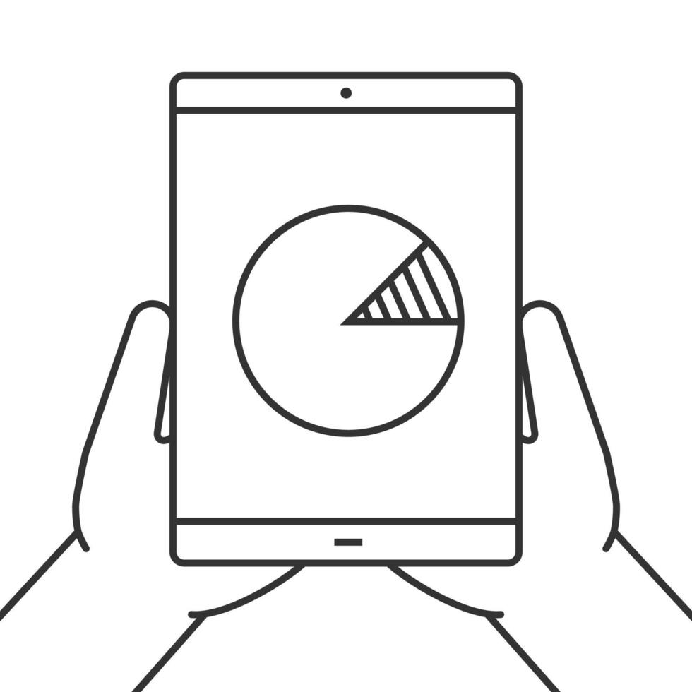 händer som håller tablettdator linjär ikon. enhetsstatistik. tunn linje illustration. surfplatta med diagram. kontursymbol. vektor isolerade konturritning